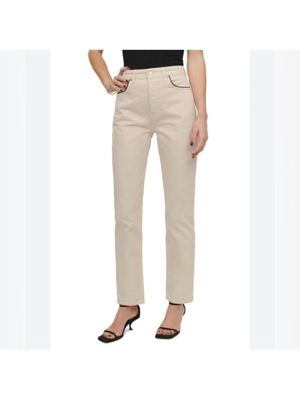 Reformation Cynthia High Rise Straight Jeans in Almond with Black Piping Size 30